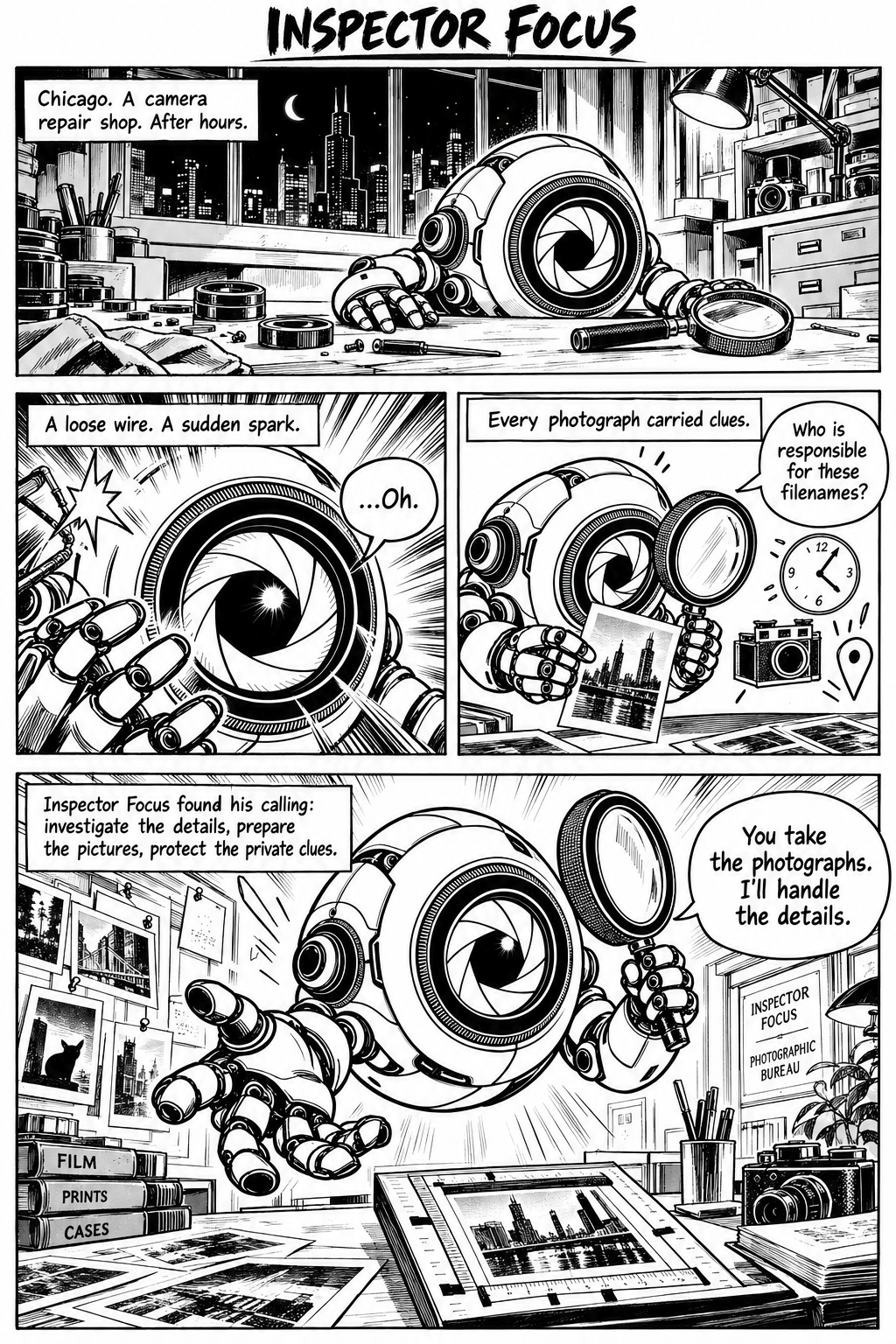 Four-panel black-and-white comic: Inspector Focus awakens after a spark in a Chicago camera repair shop, discovers clues in photographs, and opens his photographic bureau.